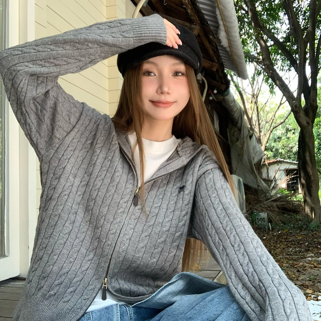 小狐狸刺绣针织连帽拉链开衫外套毛衣女秋冬