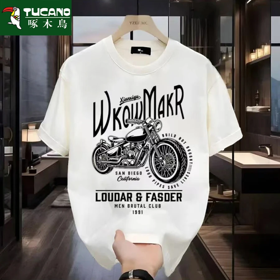 啄木鸟2024夏季男士纯棉短袖t恤男潮流宽松圆领印花打底衫半袖