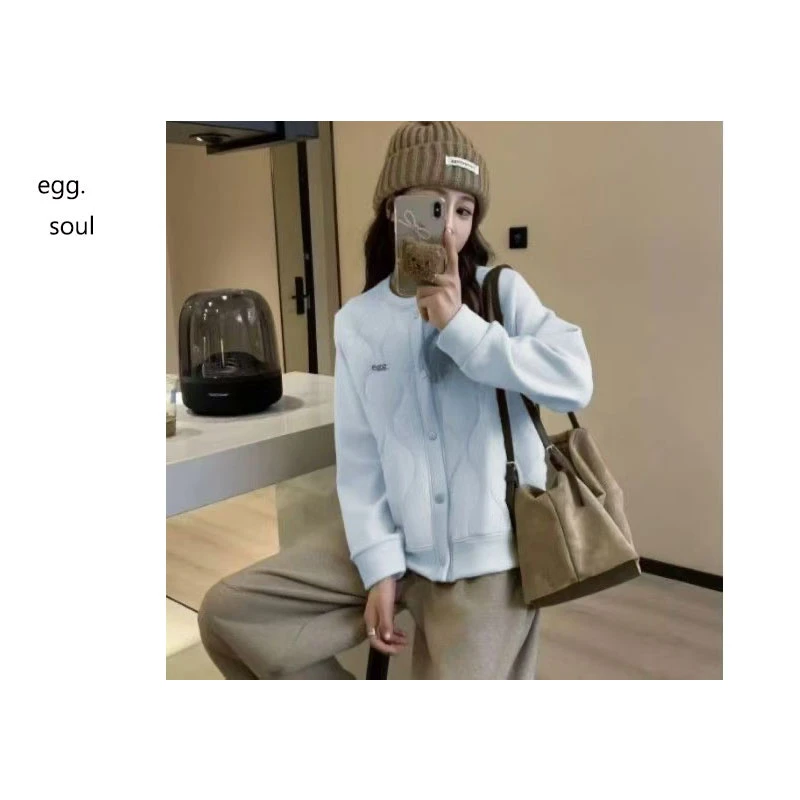 egg立领加绒加厚卫衣女韩系简约刺绣字母拼接洋气学生开衫外套