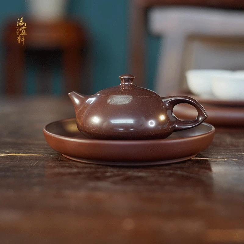 瀛宜轩罗文锐紫朱泥水磨玉兔壶潮州手拉壶茶壶纯手工高档送礼紫砂