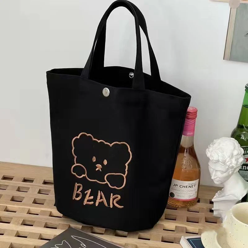 帆布手提小包包女包2024新款时尚刺绣手拎小包百搭少女休闲水桶包