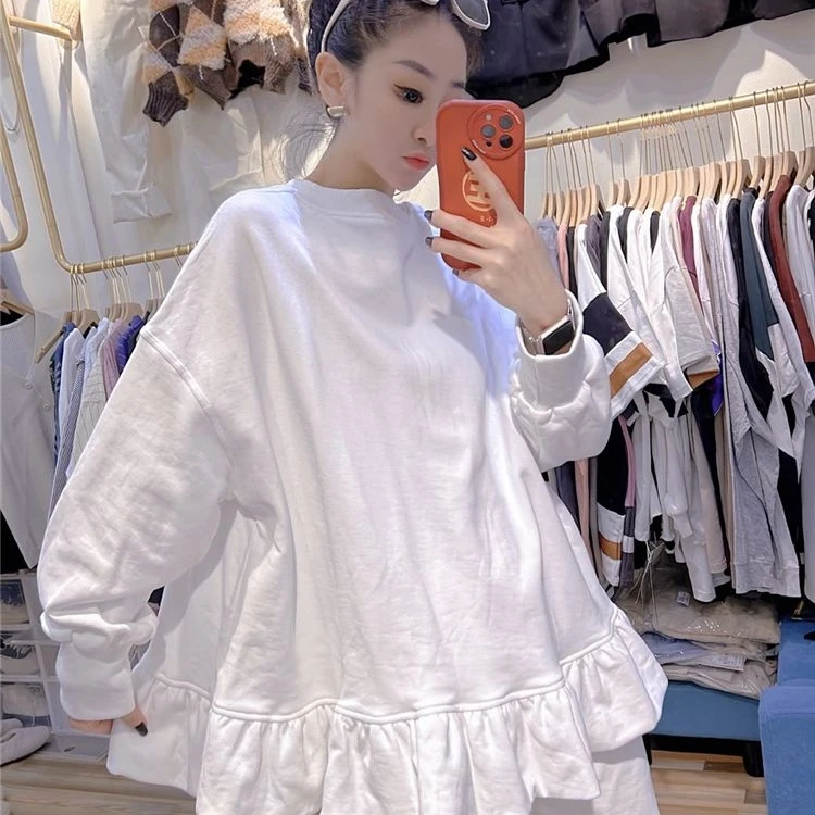 300斤特大码网红荷叶边休闲长袖t恤女2023新款洋气百搭宽松上衣