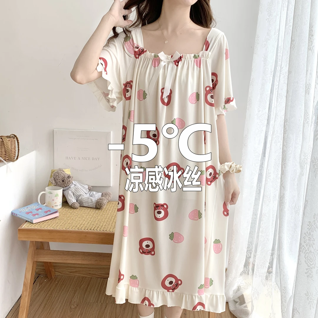 300斤大码冰丝睡裙女夏季2024新款宽松凉感甜美卡通睡衣女家居服