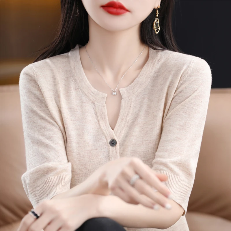 【工厂直销】新款气质圆V领开衫百搭中袖宽松纯色开衫女