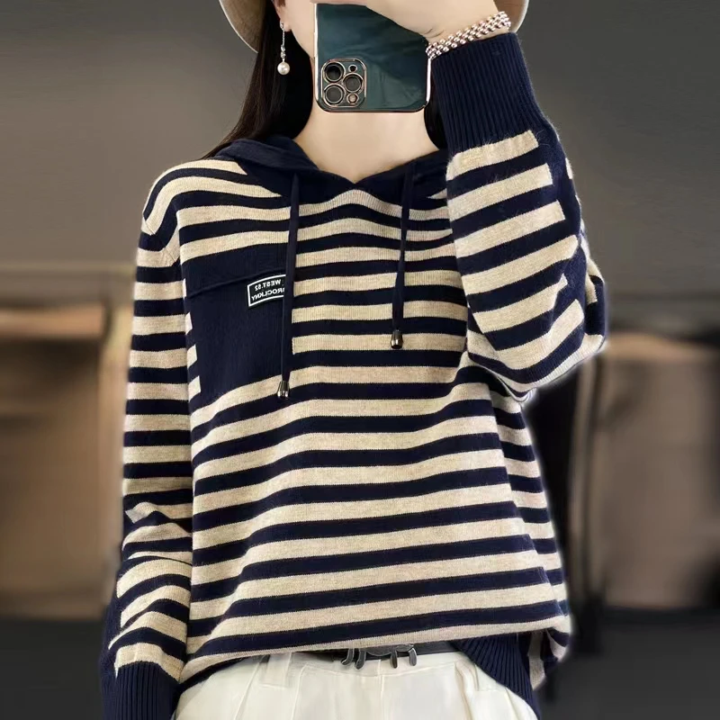 太柔软了！爆款条纹帽衫宽松显瘦连帽上衣洋气减龄针织打底衫