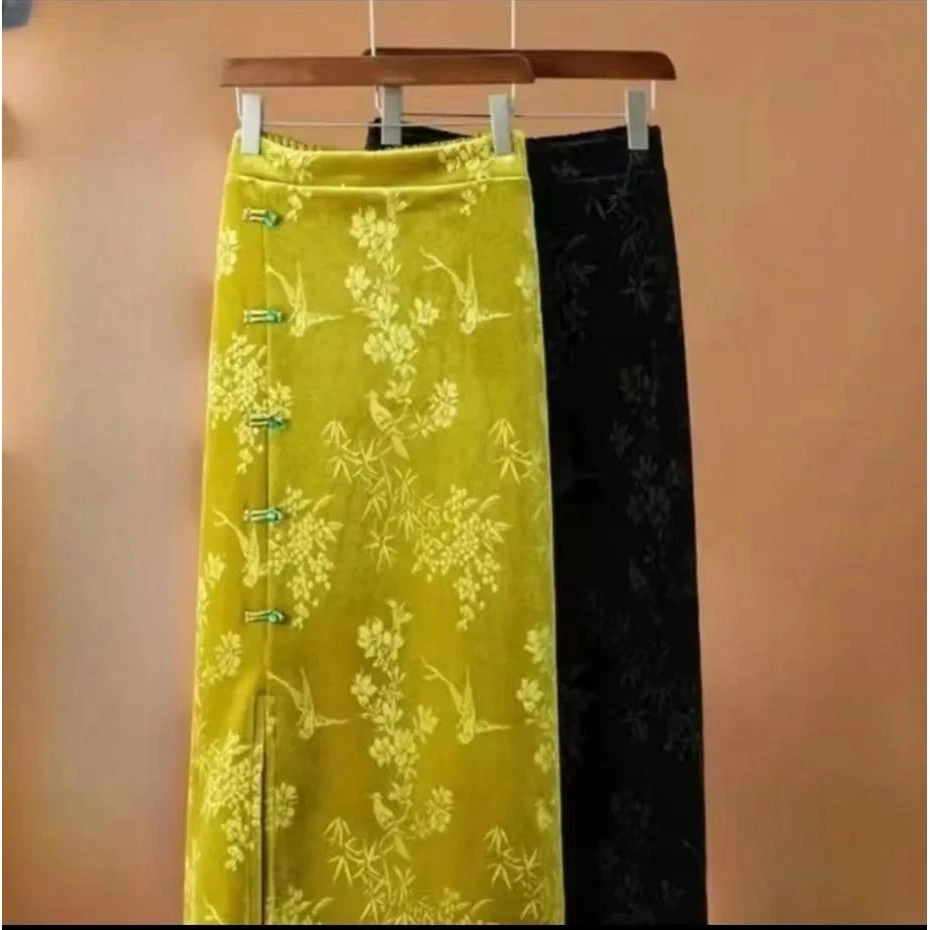 新中式国风盘扣半身裙女复古风松紧腰提花开叉中长款裙子