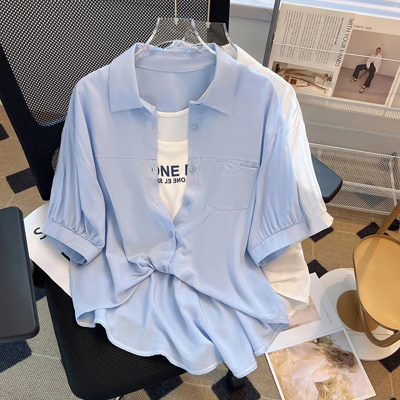 微胖MM设计感字母背心假两件衬衫女2025夏季宽松休闲洋气别致上衣