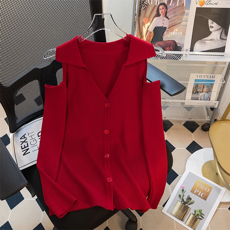 2025年春季新款长袖镂空显瘦针织衫胖妹妹时尚单排扣V领纯欲毛衣