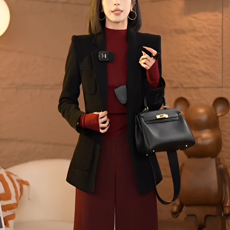 高级感复古黑色西装外套女夹棉加厚2025秋冬新款气质显瘦西服外套