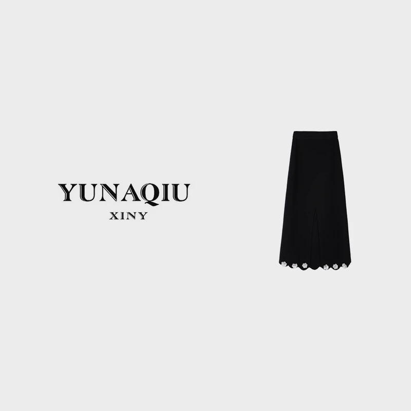 YUNAQIU优雅气质黑色不规则高腰时尚百搭长裙-5630