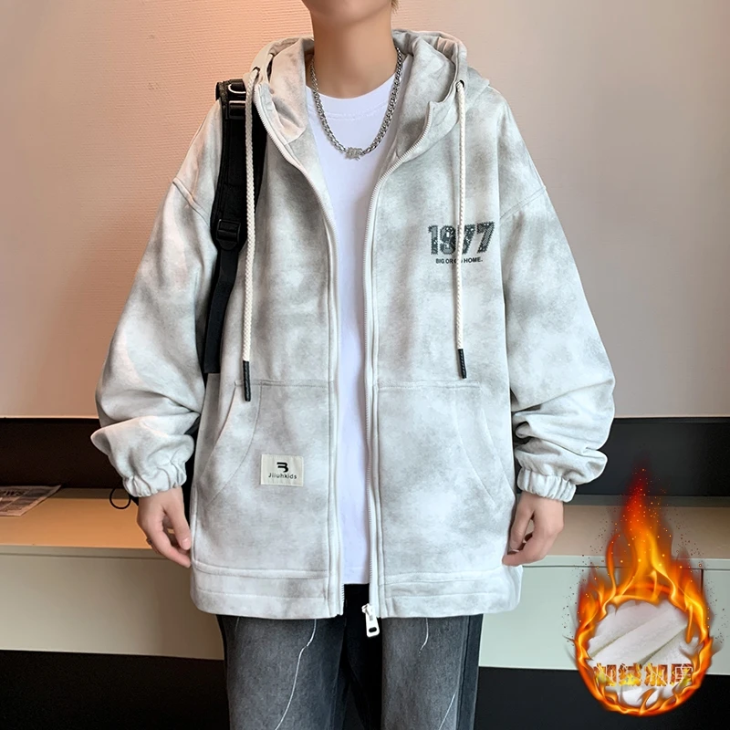 加绒加厚外套男2024年冬季宽松休闲连帽夹克男青少年潮流帅气棉衣