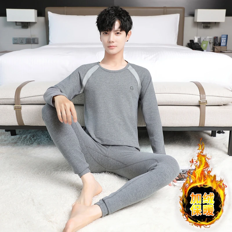 冬季保暖内衣男防寒秋衣秋裤套装青少年学生德绒圆领加绒保暖套装