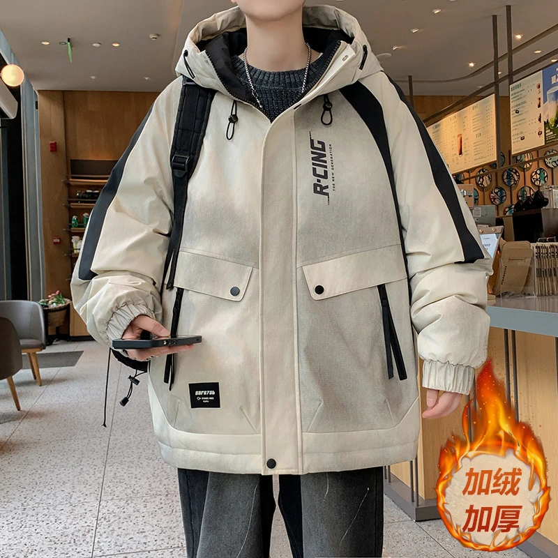 秋冬季新款外套男孩青少年加绒加厚夹克大童学生冲锋衣男装连帽潮