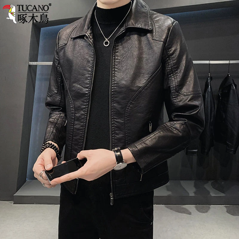 啄木鸟男士海宁皮衣秋冬季新款翻领皮夹克高端机车服外套