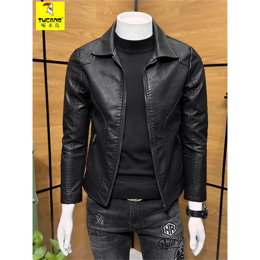 啄木鸟高端大牌皮衣男士翻领春秋季潮流短款休闲海宁机车外套