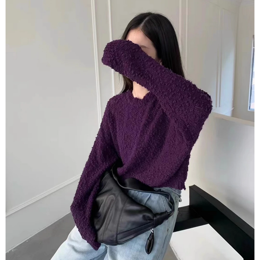 山茶花韩代 2024秋新款 慵懒风设计感 颗粒绒圆领针织衫毛衣G