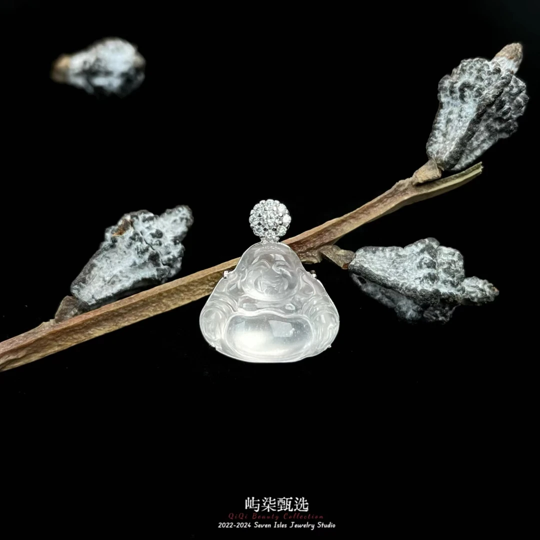 【要努力】C1006 石英质玉银s925镶嵌 水沫子圆闪扣佛公吊坠