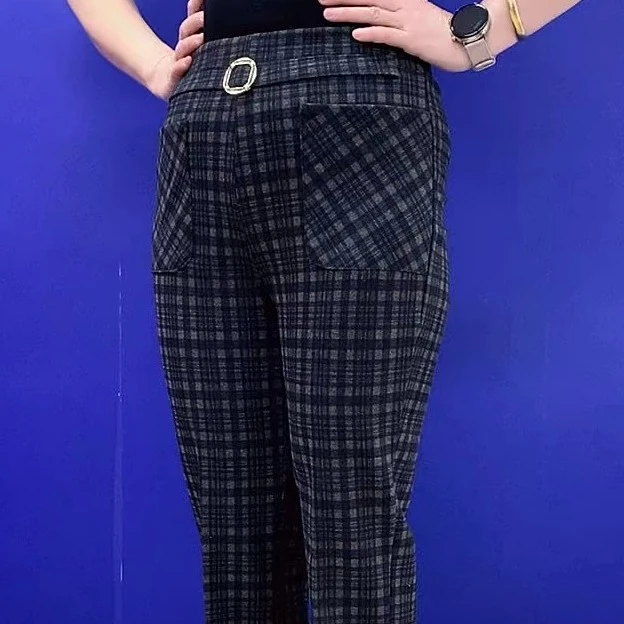格子新款时尚妈妈直筒裤