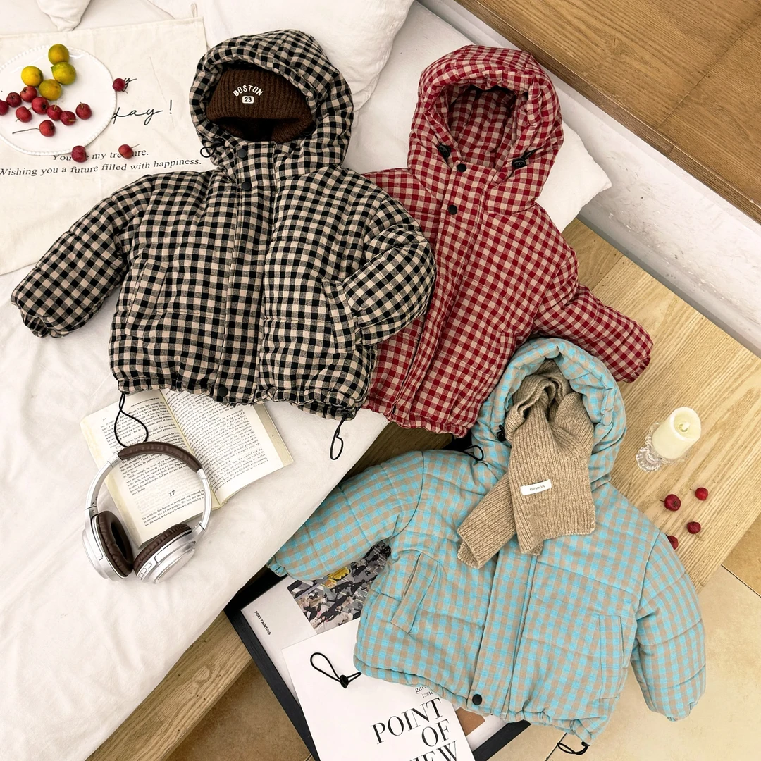 儿童冬款加厚棉服时髦格子百搭保暖上衣男女宝连帽拉链开衫冬天穿