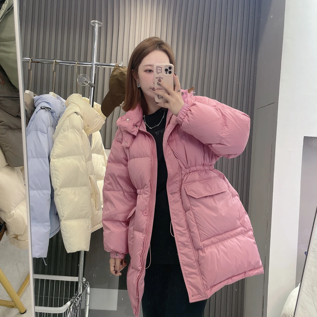 新款上新时尚百搭保暖彩虹中长款收腰白鸭绒外套