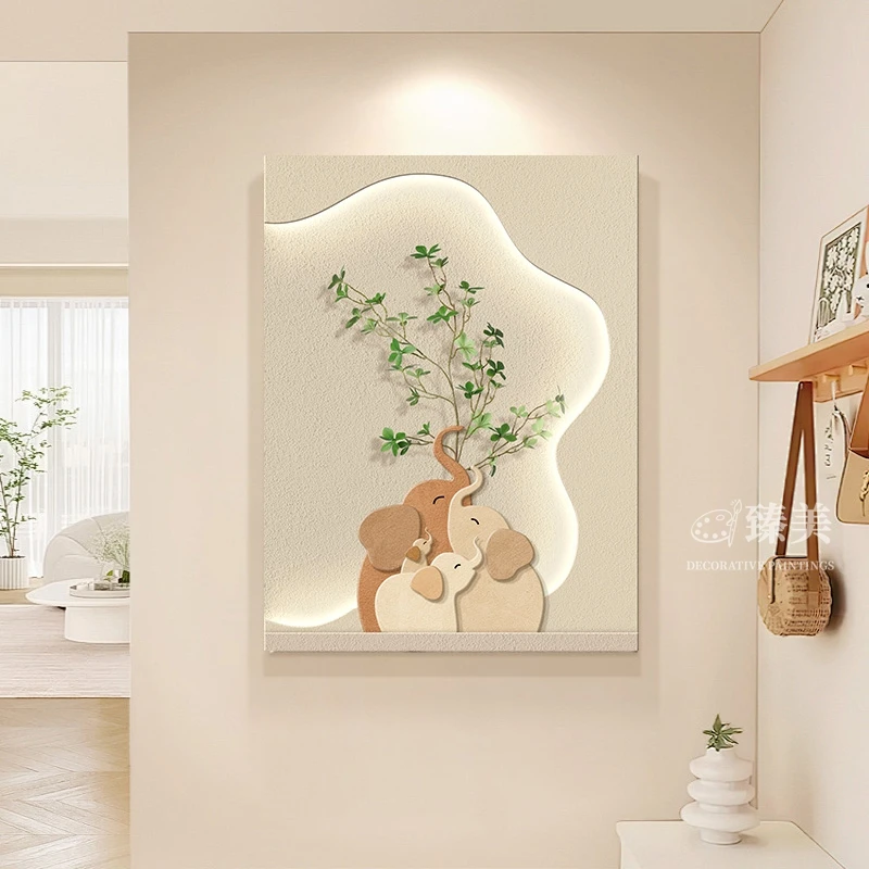 奶油风客厅装饰画高级感绿植沙发背景墙壁画灯立体简约玄关墙挂画