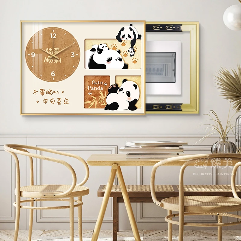 创意熊猫电表箱装饰画带钟表挂钟免打孔遮挡配电箱电源电闸盒挂画