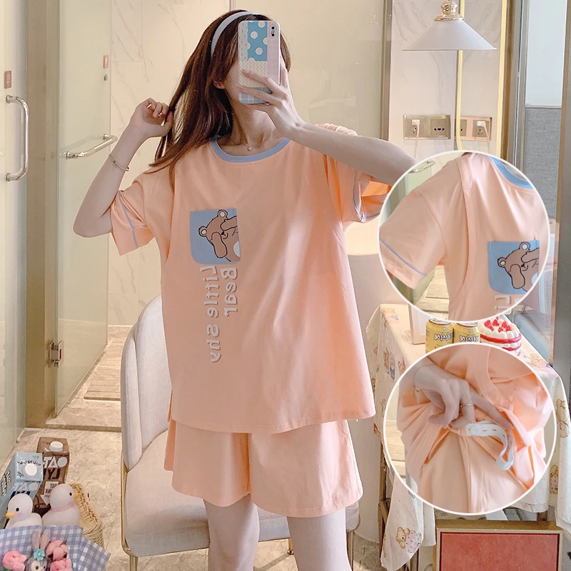 夏季短袖短裤孕妇睡衣两件套产妇母乳喂奶衣哺乳期月子服怀孕套装