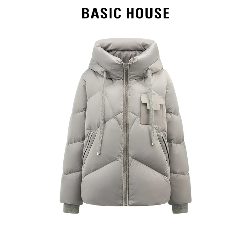 百家好/Basic House灰色宽松休闲连帽羽绒服女加厚设计感外套2024