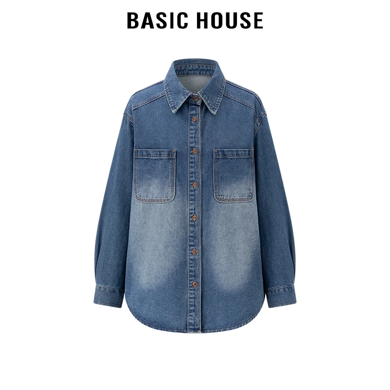 百家好/Basic House水洗休闲宽松翻领双口袋圆下摆牛仔衬衫女春季