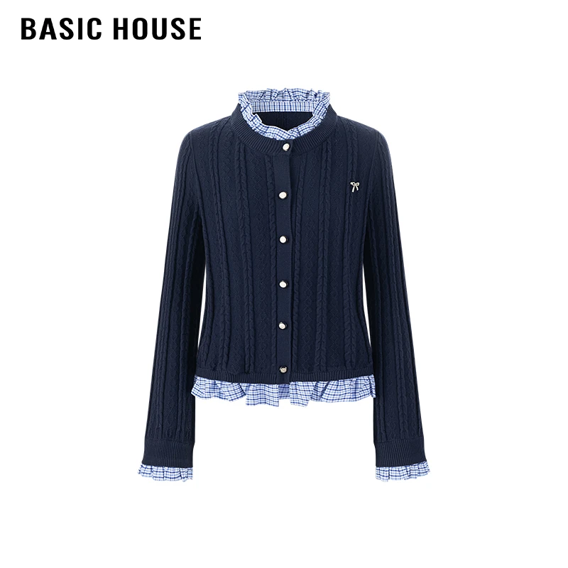 百家好/Basic House法式甜美修身木耳立领假两件蝴蝶结针织开衫女