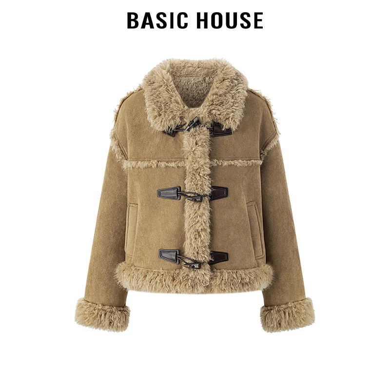 百家好/Basic House翻领牛角扣皮毛一体女保暖加厚2024年冬外套