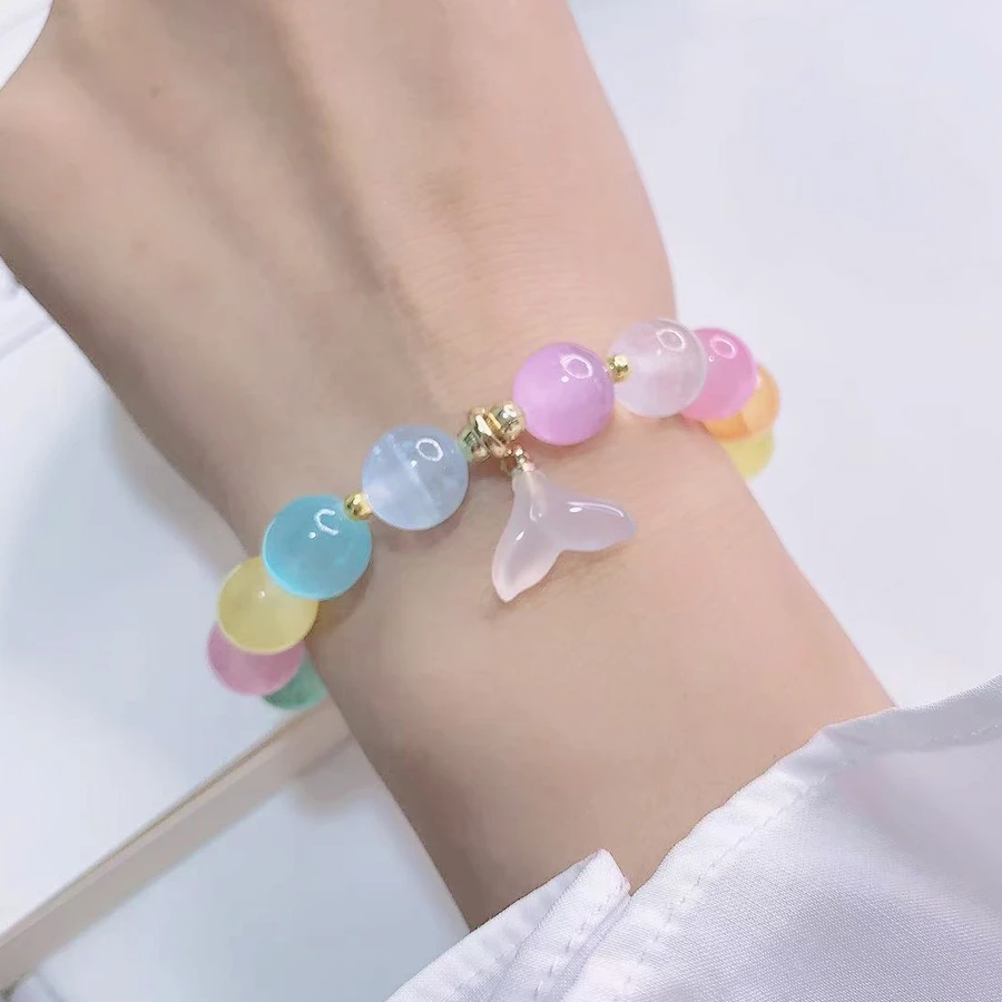 铜合金玻璃手链 彩虹猫眼石手链马卡龙色少女款温柔时尚百搭甜美