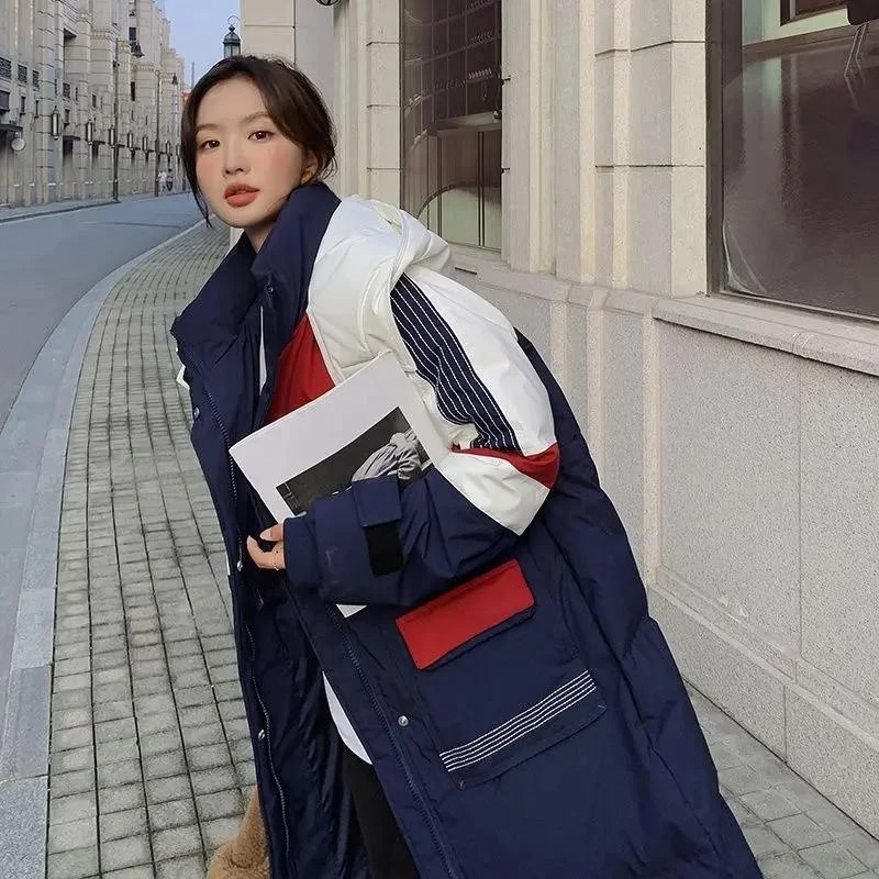 撞色拼接羽绒服女2023新加厚长款连帽炸街明星同款工装白鸭绒外套