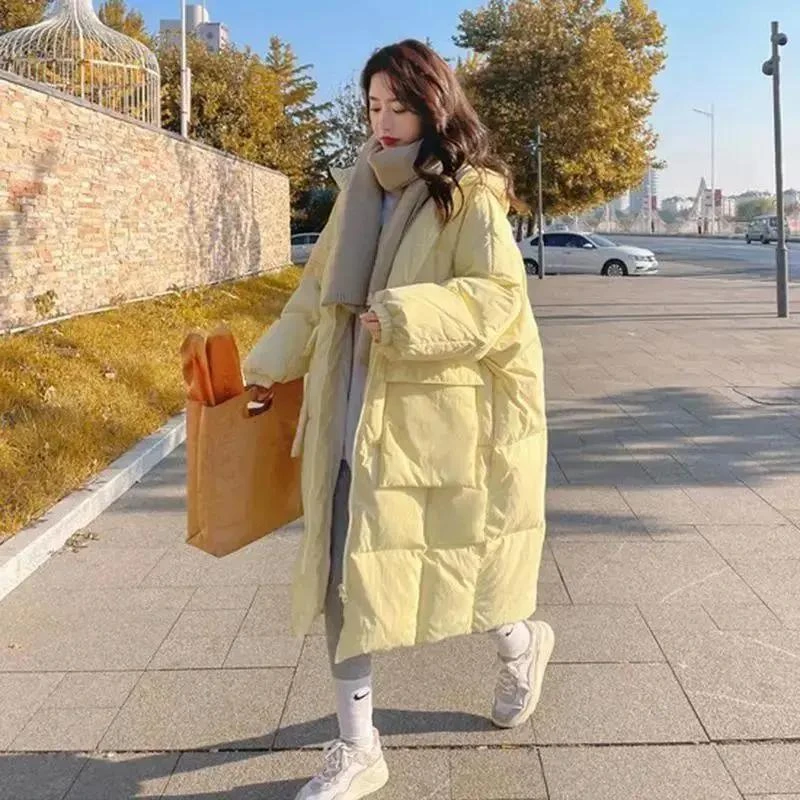 奶黄色羽服女中长款2023冬季新款韩版宽松衣加厚保暖外套潮显瘦羽