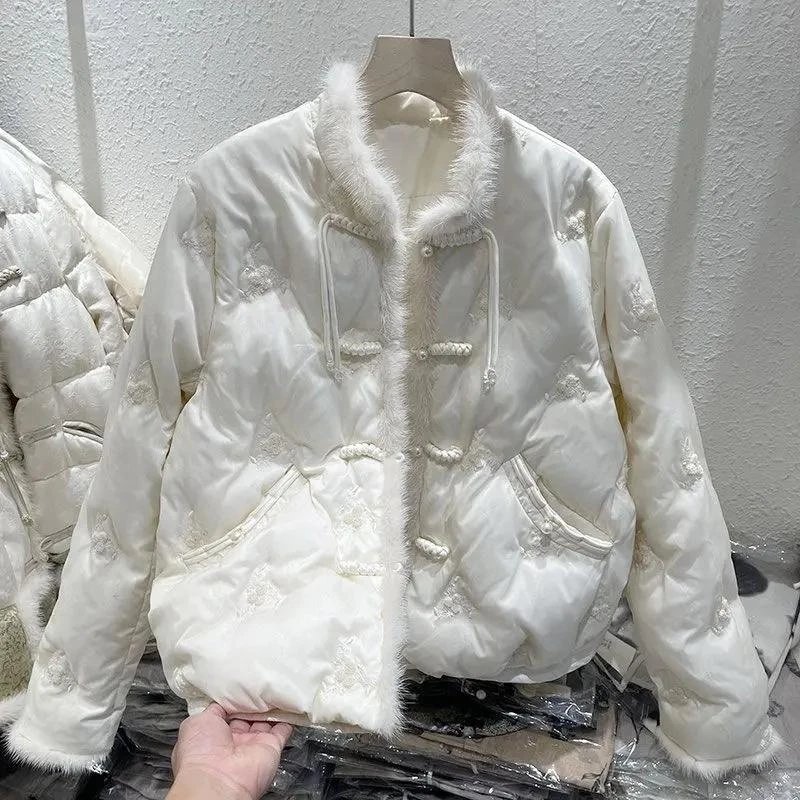 四季青冬季新款名媛刺绣水貂毛羽绒服女新中式国风保暖白鸭绒外套