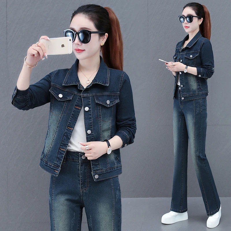 牛仔套装女显瘦春季短款上衣时尚休闲修身韩版牛春季显瘦牛仔套装
