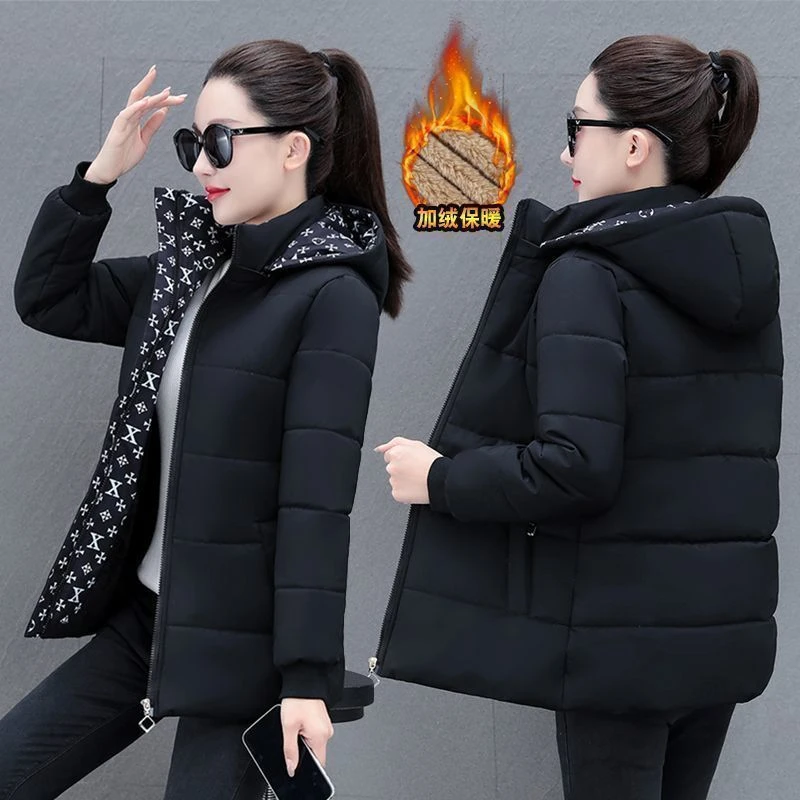 大码常规长袖保暖短款加绒棉服连帽棉衣中女士韩版短款大码棉衣