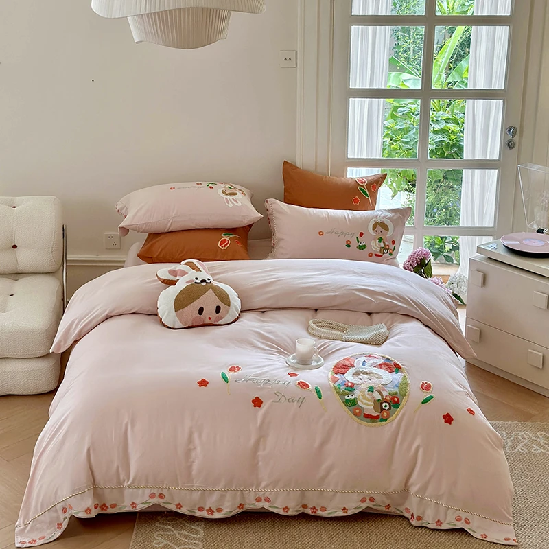 可爱毛巾绣秋冬纯棉四件套 纯棉100s磨毛四件套小清新女孩兔子1.5