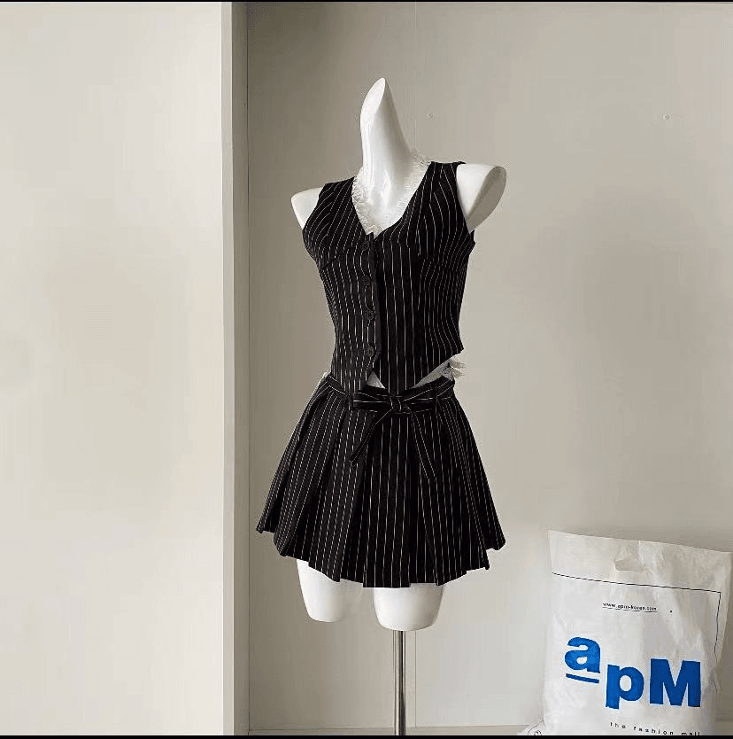 DMX-2024拼接套装V领蕾丝马甲辣妹性感无袖上衣两件套装