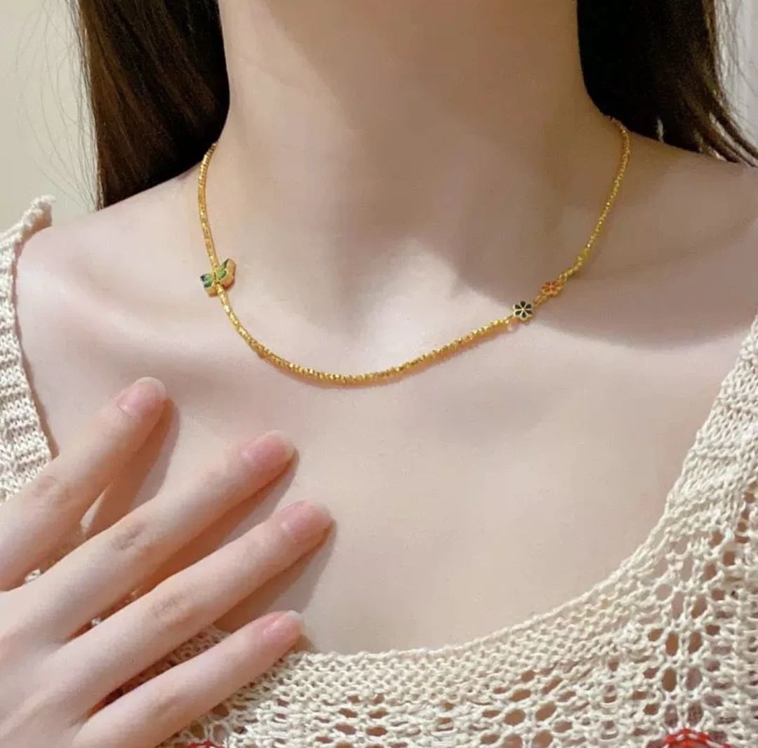 合金珐琅吊坠 蝴蝶七彩花蹦迪珠设计款项链