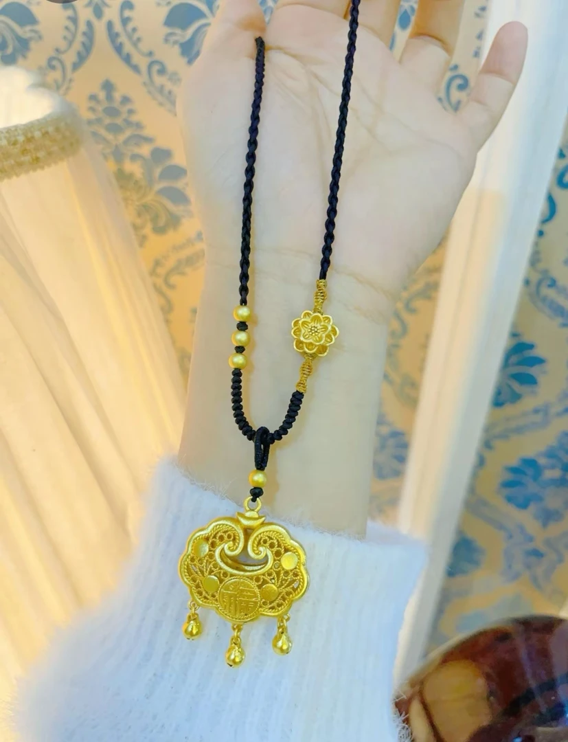 合金棉绳项链 高精工长命锁配黑绳