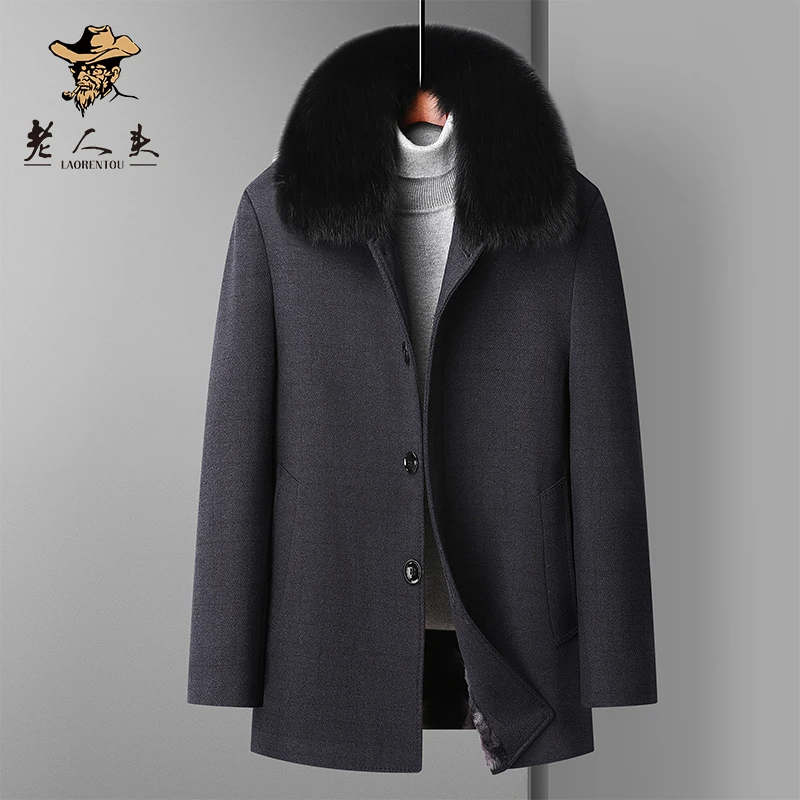 老人头呢大衣男士2023可脱卸双领厚款冬季加厚翻领内胆中长款外套