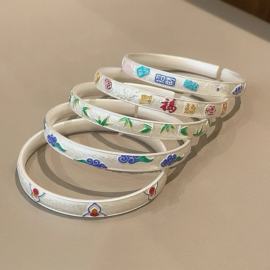 足银手镯 足银999.9 珐琅彩 新中式复古开口镯子国风银饰礼物