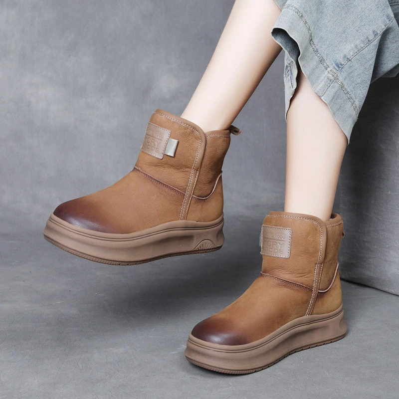 复古真皮棉鞋坡跟保暖雪地靴24新款头层牛皮厚底羊毛靴雪地鞋热销