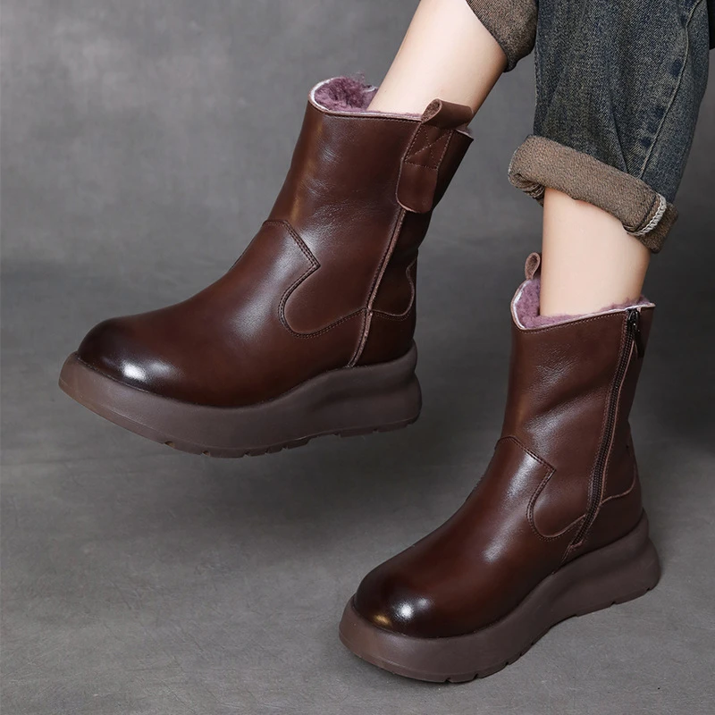 头层牛皮复古厚底靴子女2024冬季新款羊毛短靴保暖加绒雪地靴