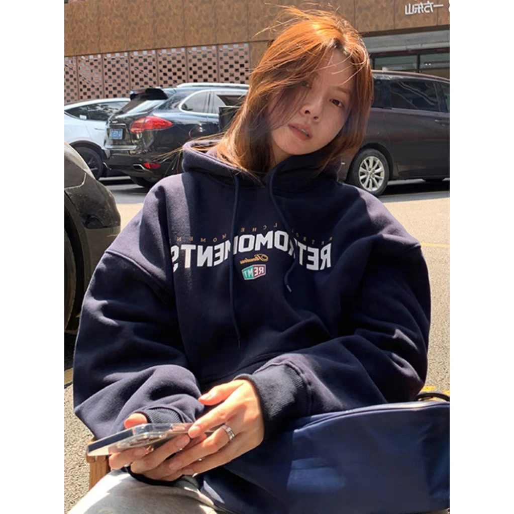 美式复古vintage连帽卫衣女加绒加厚秋冬季新款bf慵懒风宽松外套