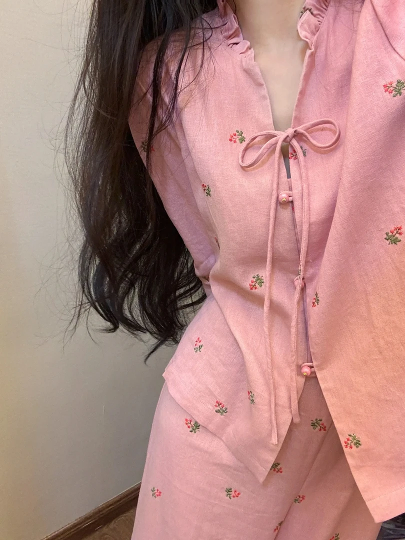 少女甜美蝴蝶结碎花公主风睡衣女春秋新款纯欲风长袖长裤家居服