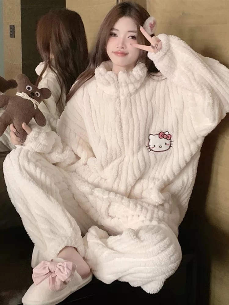 甜美少女可爱卡通珊瑚绒加厚拉链睡衣女秋冬网红ins可外穿家居服