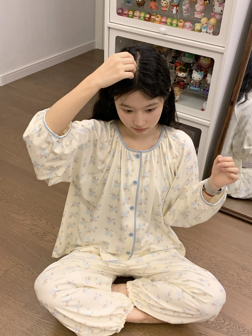 ins少女甜美可爱蝴蝶结碎花印花睡衣女春秋新款长袖长裤家居服