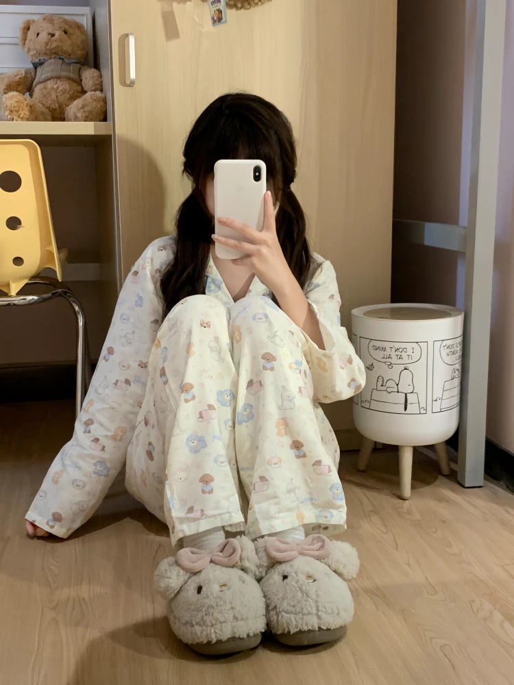 日系甜美可爱卡通小狗印花睡衣女春秋新款少女学生长袖长裤家居服